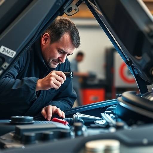 Mec&radic;&cent;nico inspecionando o motor de um carro com uma lanterna.